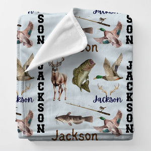 Personalized Name Hunting Fishing Blanket | Toddler Bass Whitetail Deer Catfish Duck Plush Blanket | Cuddly Kid Blanket | Baby Shower Gift