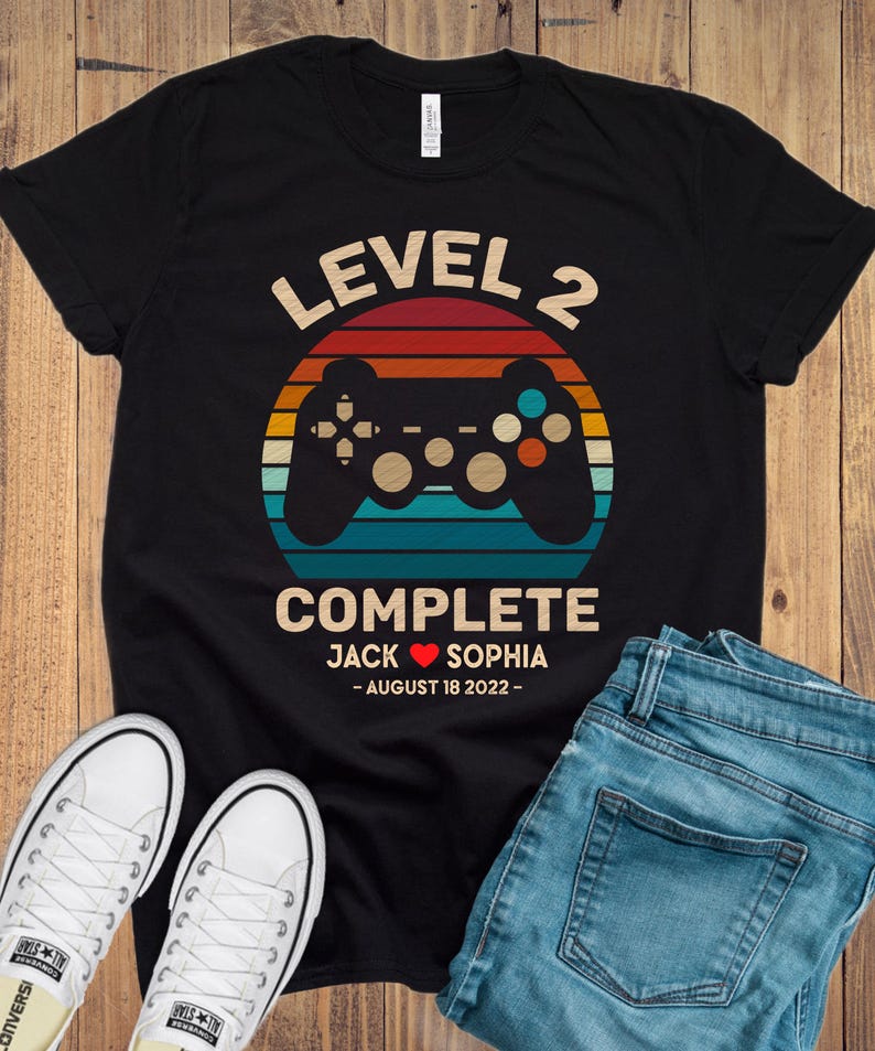 2nd Wedding Anniversary Gift for Husband Wife, 2nd Anniversary Gift for Husband, Retro Video Game Shirt, Personalization Level 2 Complete