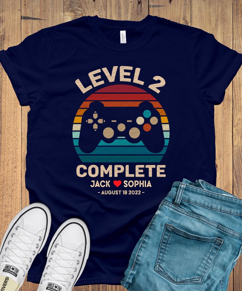 2nd Wedding Anniversary Gift for Husband Wife, 2nd Anniversary Gift for Husband, Retro Video Game Shirt, Personalization Level 2 Complete