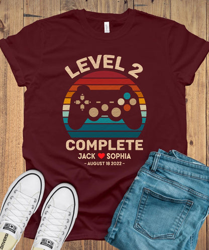 2nd Wedding Anniversary Gift for Husband Wife, 2nd Anniversary Gift for Husband, Retro Video Game Shirt, Personalization Level 2 Complete