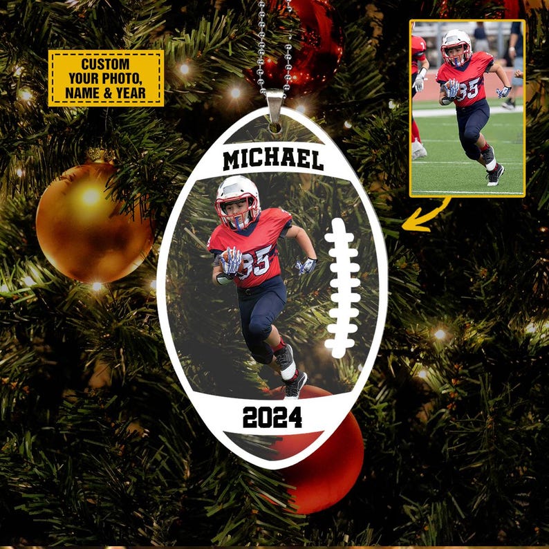 Personalized Football Christmas 2024 Ornament, Custom Photo Football Ornament, Holiday Decors, Xmas Gift, Custom Name and Year, 2D Flat