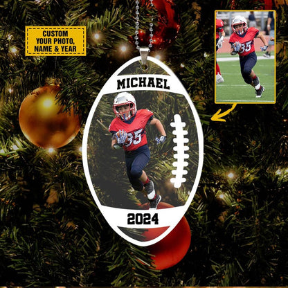 Personalized Football Christmas 2024 Ornament, Custom Photo Football Ornament, Holiday Decors, Xmas Gift, Custom Name and Year, 2D Flat