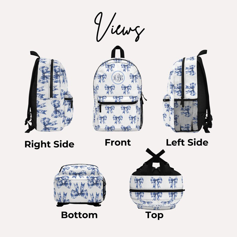 Bows Backpack Toile with Monogram personalized cute backpack preppy school bag Preppy Backpack coquette Day Pack for Student Gift