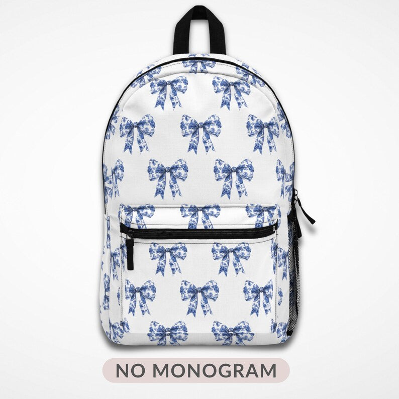 Bows Backpack Toile with Monogram personalized cute backpack preppy school bag Preppy Backpack coquette Day Pack for Student Gift