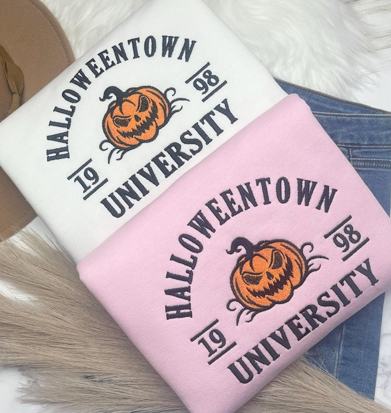 Halloween Town Embroidered Sweatshirt, Vintage Halloween Sweatshirt, Embroidered Halloween Crewneck, Halloween Pumpkin Sweatshirt