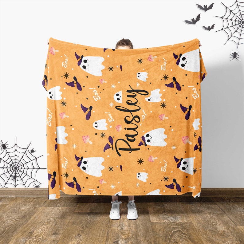 Custom Name Halloween Ghost Blanket, Halloween Gift Baby Kids Teen,Spooky Decor,Back To School Gift,Toddler Blanket,Fall Baby Shower Gift