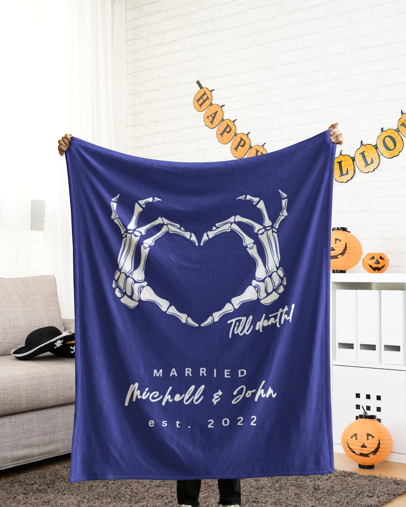 Personalized Couple Blanket, Customized Halloween Skeleton Gifts, Custom Wedding Engagement Gifts with Couple's Name, Anniversary Presents