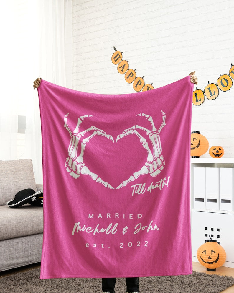 Personalized Couple Blanket, Customized Halloween Skeleton Gifts, Custom Wedding Engagement Gifts with Couple's Name, Anniversary Presents