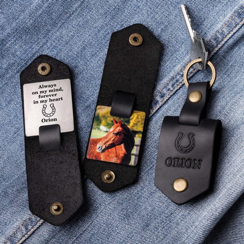 Personalized Horse Name Memorial Photo Keychain, Loss of Horse Keychain, Horseshoe Memorial Keychain