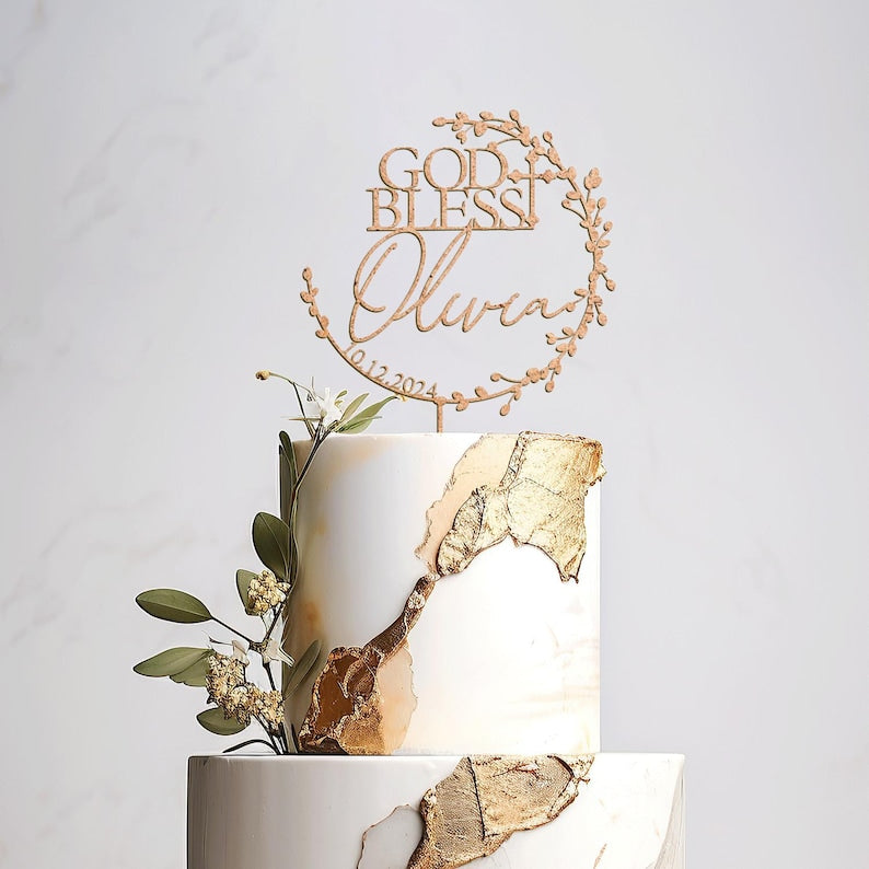 God Bless Cake Topper, Floral Wreath Cake Topper for Baptism, Personalized Christening Cake Topper with Date, First Communion Cake Topper