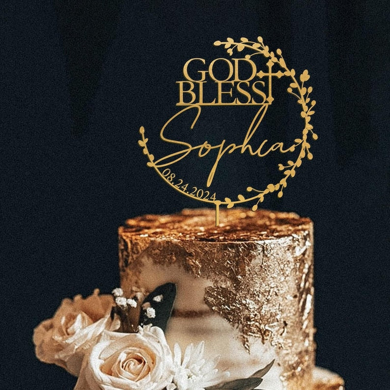 God Bless Cake Topper, Floral Wreath Cake Topper for Baptism, Personalized Christening Cake Topper with Date, First Communion Cake Topper