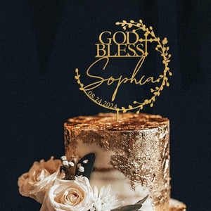God Bless Cake Topper, Floral Wreath Cake Topper for Baptism, Personalized Christening Cake Topper with Date, First Communion Cake Topper
