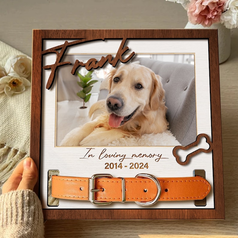 Custom Memorial Pet Collar With Photo, Pet Sympathy Gift, Dog Memorial Frame For Loss Of Dog, Memorial Wood Frame With Collar Holder Style