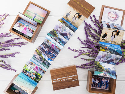 Personalized Handmade Photo Pull Out Gift Box, Anniversary Gift, Gifts for Couples, Engraved or Printed Wooden Box, Pull Out Photo Album