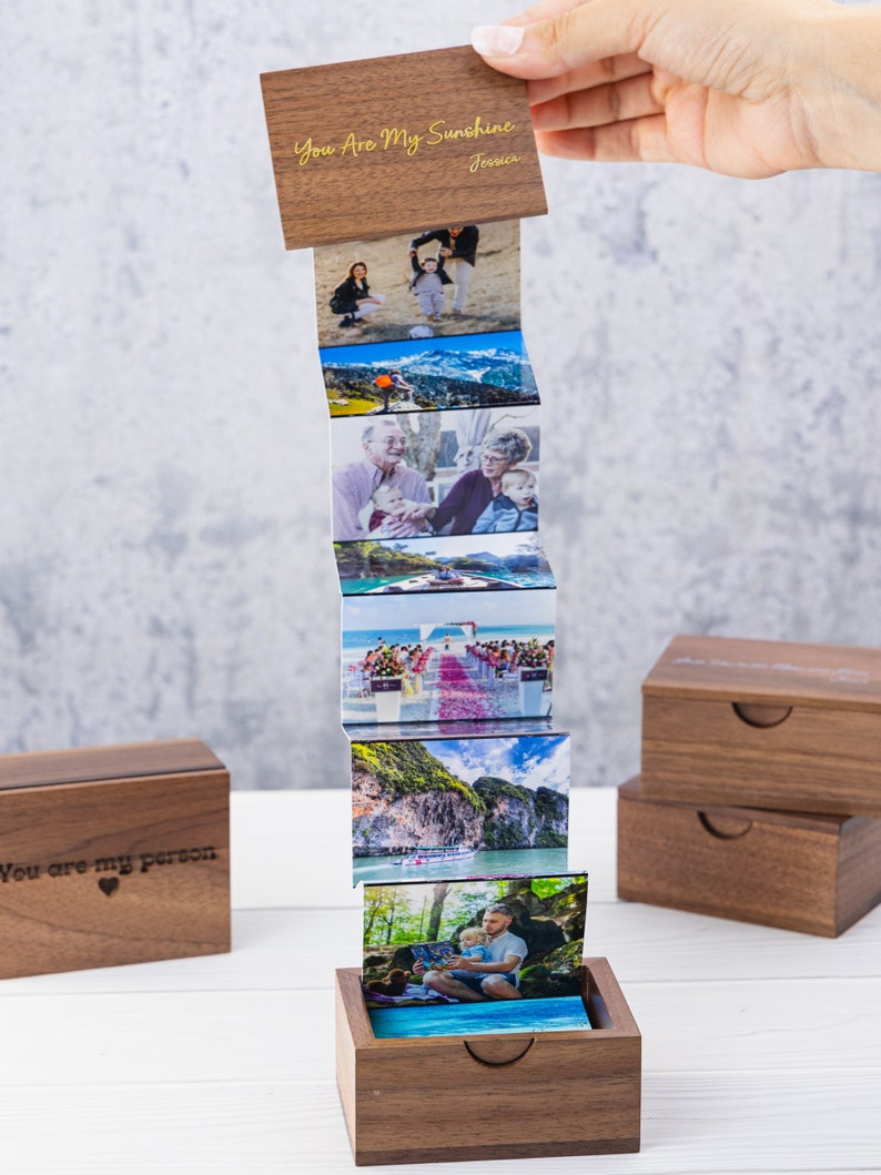 Personalized Handmade Photo Pull Out Gift Box, Anniversary Gift, Gifts for Couples, Engraved or Printed Wooden Box, Pull Out Photo Album