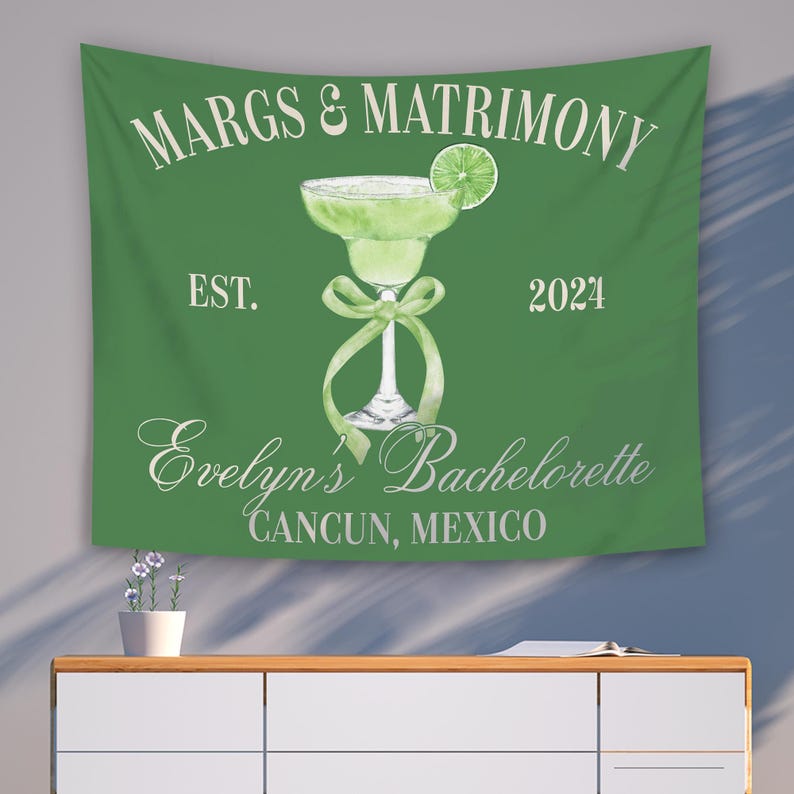 Custom Margs and Matrimony Tapestry, Margaritas Matrimony Bachelorette Party Decor, Beach Bachelorette Photo Backdrop, Bachelorette Banner