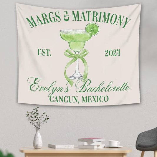 Custom Margs and Matrimony Tapestry, Margaritas Matrimony Bachelorette Party Decor, Beach Bachelorette Photo Backdrop, Bachelorette Banner
