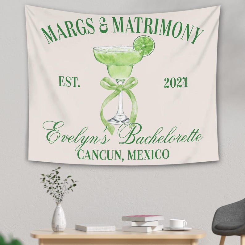 Custom Margs and Matrimony Tapestry, Margaritas Matrimony Bachelorette Party Decor, Beach Bachelorette Photo Backdrop, Bachelorette Banner
