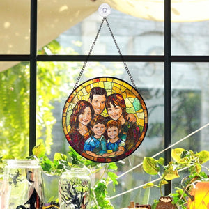 Personalized Family Portrait Stained Glass Suncatcher, Family Portrait From Photo Stained Glass Window Hanging, Christmas Gift For Mom/ Dad