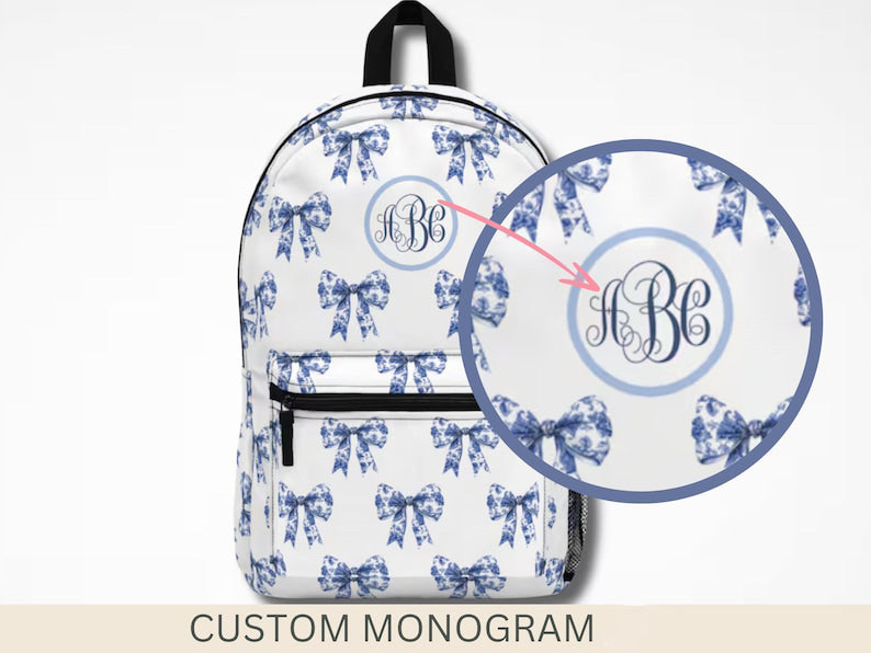 Bows Backpack Toile with Monogram personalized cute backpack preppy school bag Preppy Backpack coquette Day Pack for Student Gift