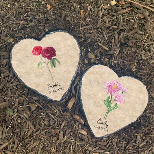 Birth Month Flower Garden Stone, Heart Shaped Garden Decor with Name and Date, Personalized Unique Gifts for Her