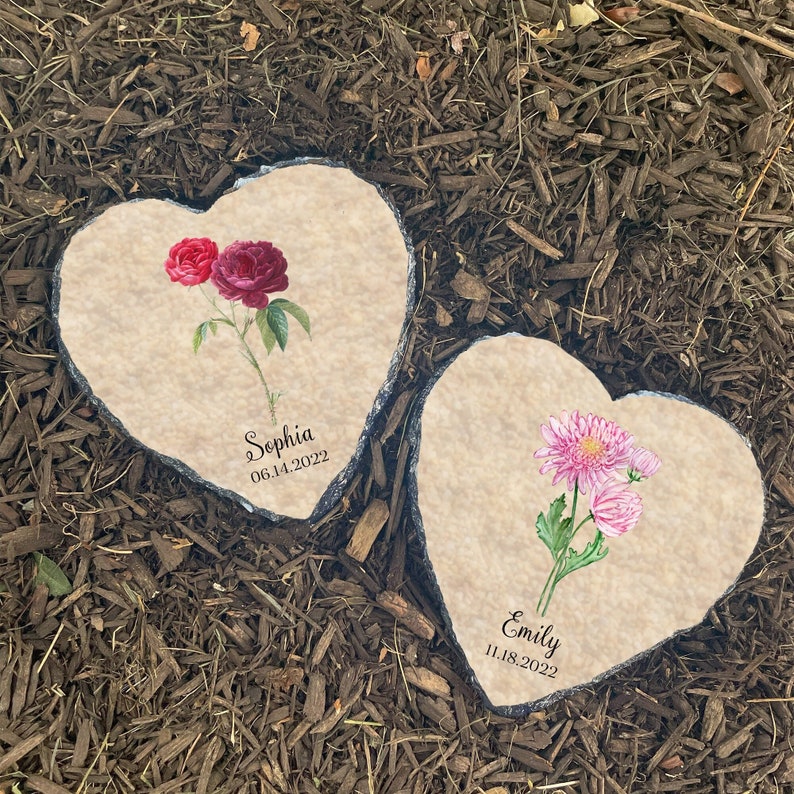 Birth Month Flower Garden Stone, Heart Shaped Garden Decor with Name and Date, Personalized Unique Gifts for Her