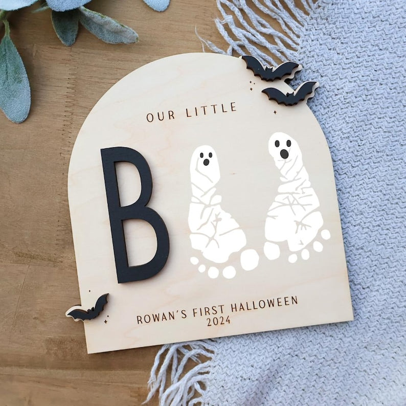 DIY Footprint Art, Baby's First Halloween, My Little Boo Sign, Wooden Kids Craft, Custom Children's Keepsake, Personalized Halloween Decor
