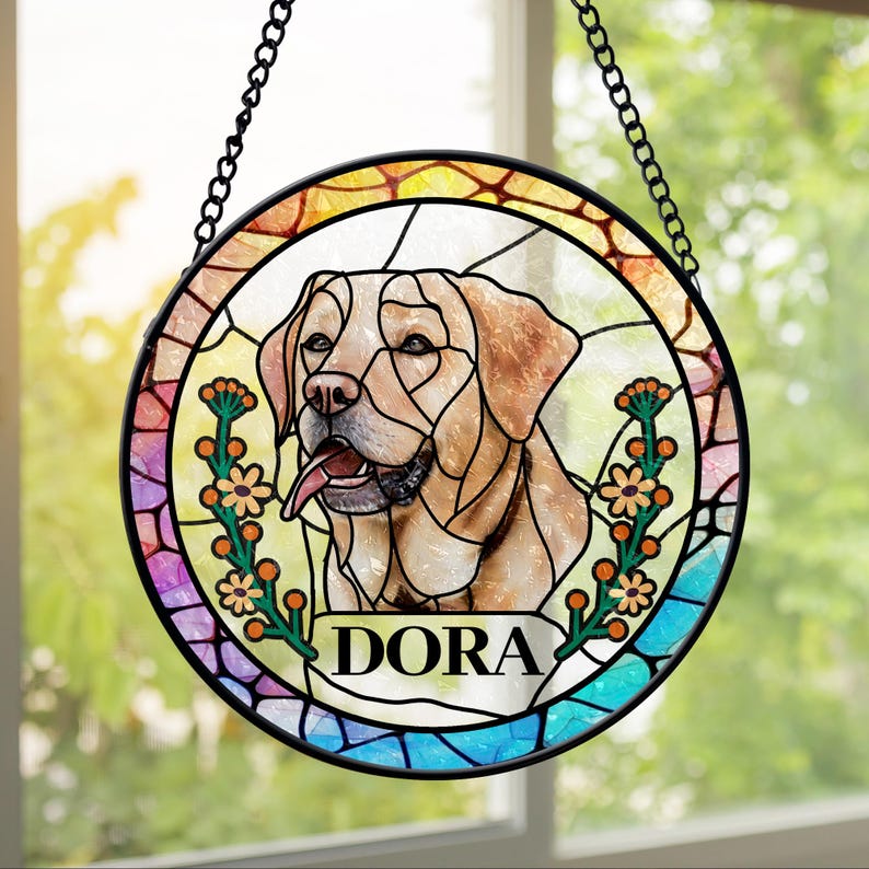 Floral Wreath Custom Pet Portrait Stained Glass Suncatcher, Stained Glass Dog Memorial, Custom Dog Portrait from Photo, Sympathy Gifts, Stained glass dog