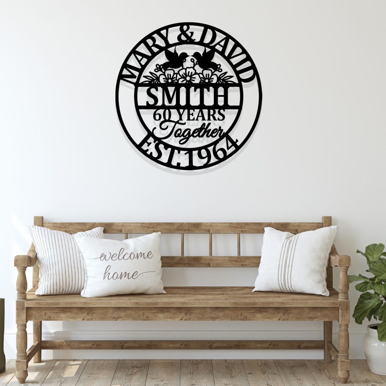 60th Anniversary Gift-Parents Anniversary,Diamond Anniversary,60 Year Anniversary Sign,Wedding Anniversary Metal Wall Art,floral Doves Sign