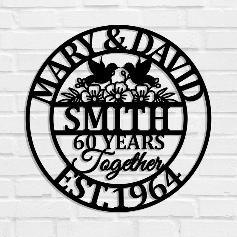 60th Anniversary Gift-Parents Anniversary,Diamond Anniversary,60 Year Anniversary Sign,Wedding Anniversary Metal Wall Art,floral Doves Sign