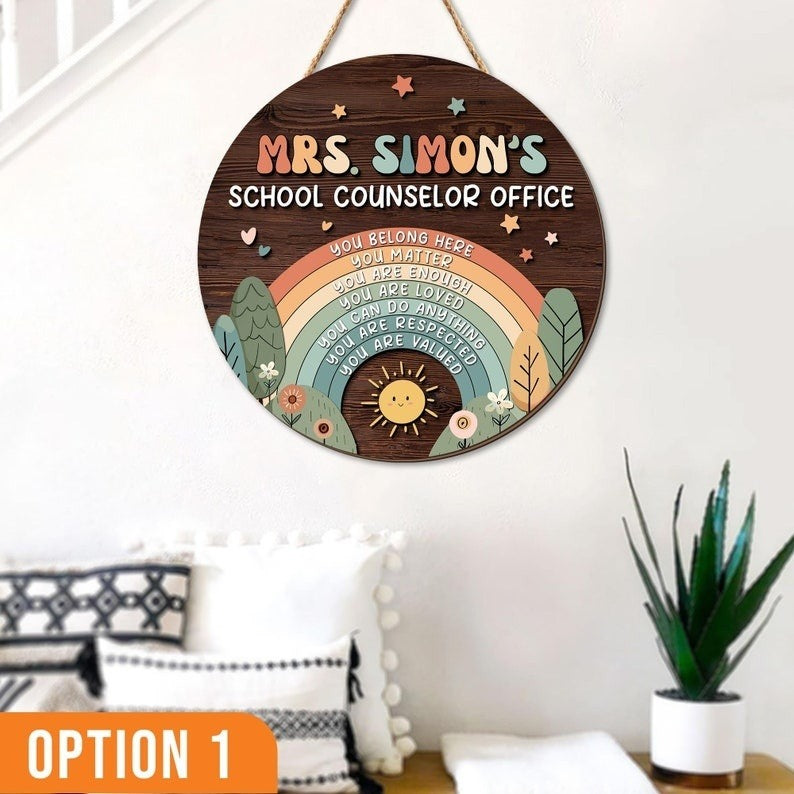 Personalized Teacher Welcome Back To School Gift, Custom 3D Teacher Door Hanger, Guidance Counselor 3D Wooden Name Sign, Rainbow Classroom.