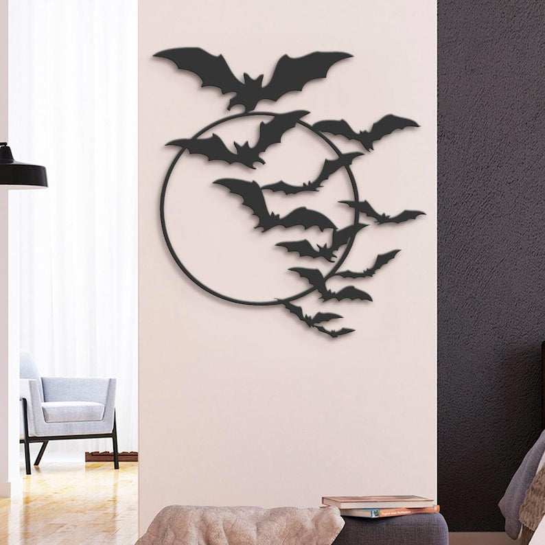 Bat On the Moon Metal Wall Art Halloween Bat Sign Home Decor Black Horror Bird Dracula Decoration Man Cave Hanging Gift