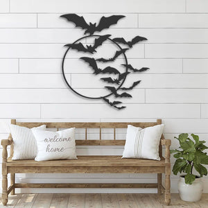 Bat On the Moon Metal Wall Art Halloween Bat Sign Home Decor Black Horror Bird Dracula Decoration Man Cave Hanging Gift