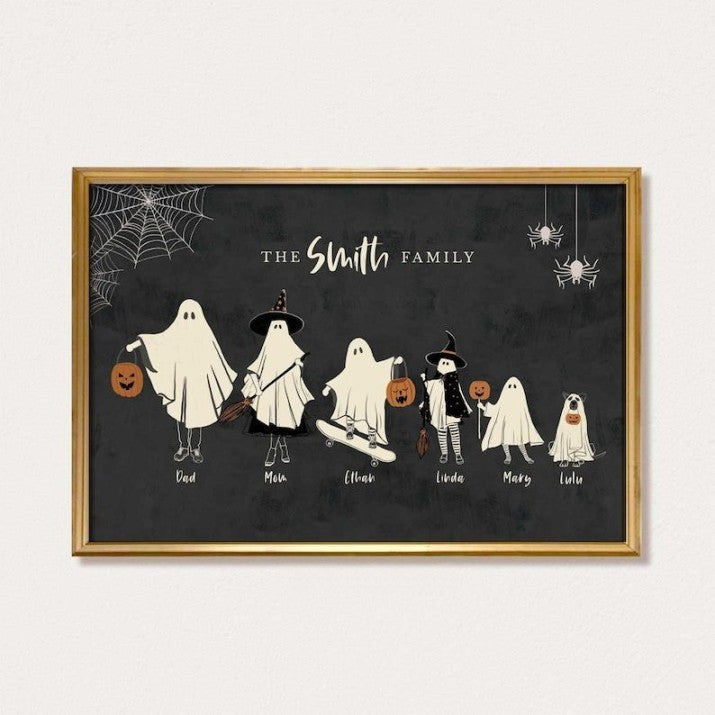 Halloween Family Portrait, Personalized Family Print, Halloween Printable Wall Art, Custom Family Art with Pets, Halloween Ghost Family