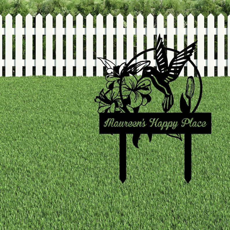 Custom Hummingbird Metal Garden Decor, Bird with Stakes Garden Sign,Flower Design Personalized Garden Sign,Custom Garden Name Sign,Home Gift