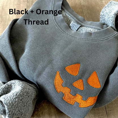 Halloween Pumpkin Face Crewneck Sweatshirt, Embroidered Jackolantern Pullover, Tonal Spooky Season Sweater, Trendy Fall Apparel, Unisex