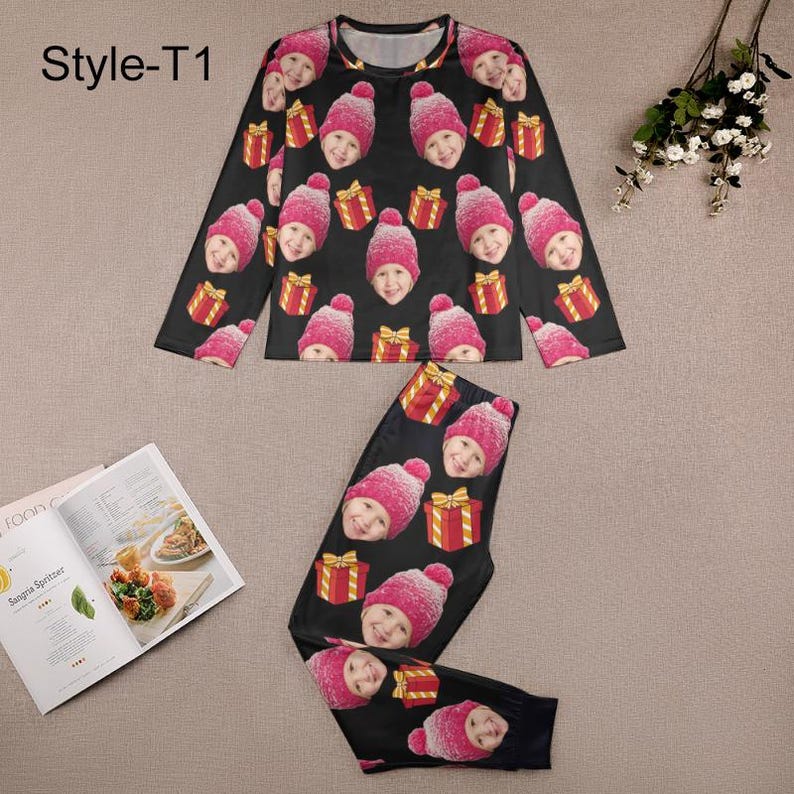 Custom Faces Pajama Set, Personalized Picture Long Sleeves Pajama Top Bottom, Cute Funny Pajamas Pants for Kids Boys Girls, Birthday Gift