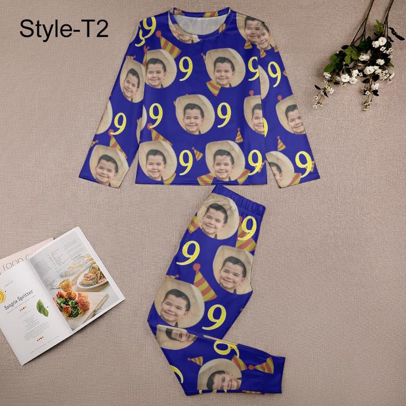 Custom Faces Pajama Set, Personalized Picture Long Sleeves Pajama Top Bottom, Cute Funny Pajamas Pants for Kids Boys Girls, Birthday Gift