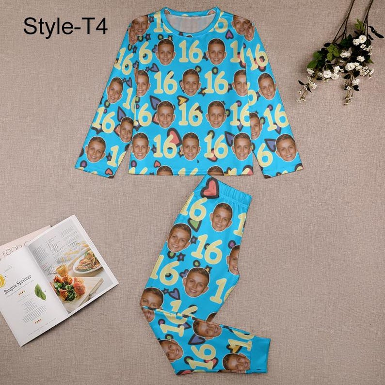 Custom Faces Pajama Set, Personalized Picture Long Sleeves Pajama Top Bottom, Cute Funny Pajamas Pants for Kids Boys Girls, Birthday Gift