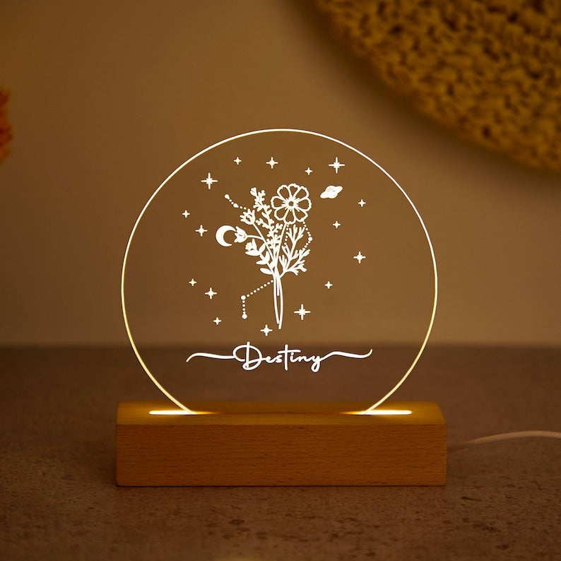 Personalized Night Lamp with Birth Flower, Birth Flower Night Light, Birthday Gift, Custom Night Light with Name, Anniversary Gift