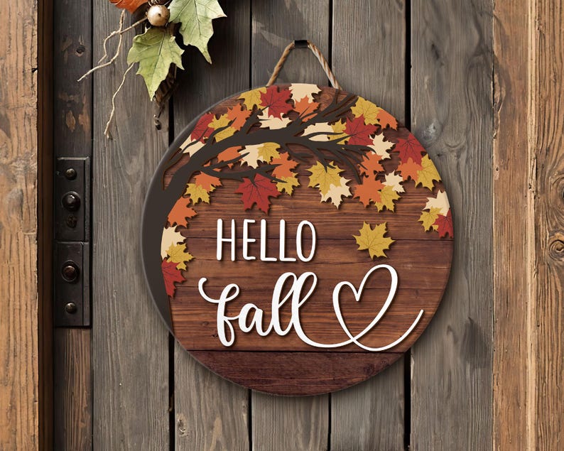 Hello Fall Door Sign, Autumn Door Hanger, Fall Welcome Sign, Autumn Decor, Thanksgiving Front Door Decor, Fall Wreath, Fall Home Decor