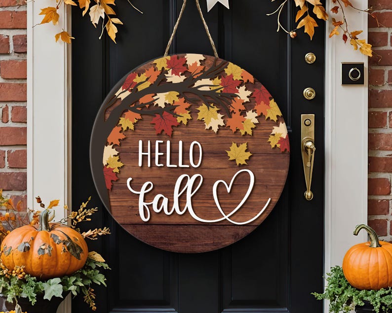 Hello Fall Door Sign, Autumn Door Hanger, Fall Welcome Sign, Autumn Decor, Thanksgiving Front Door Decor, Fall Wreath, Fall Home Decor