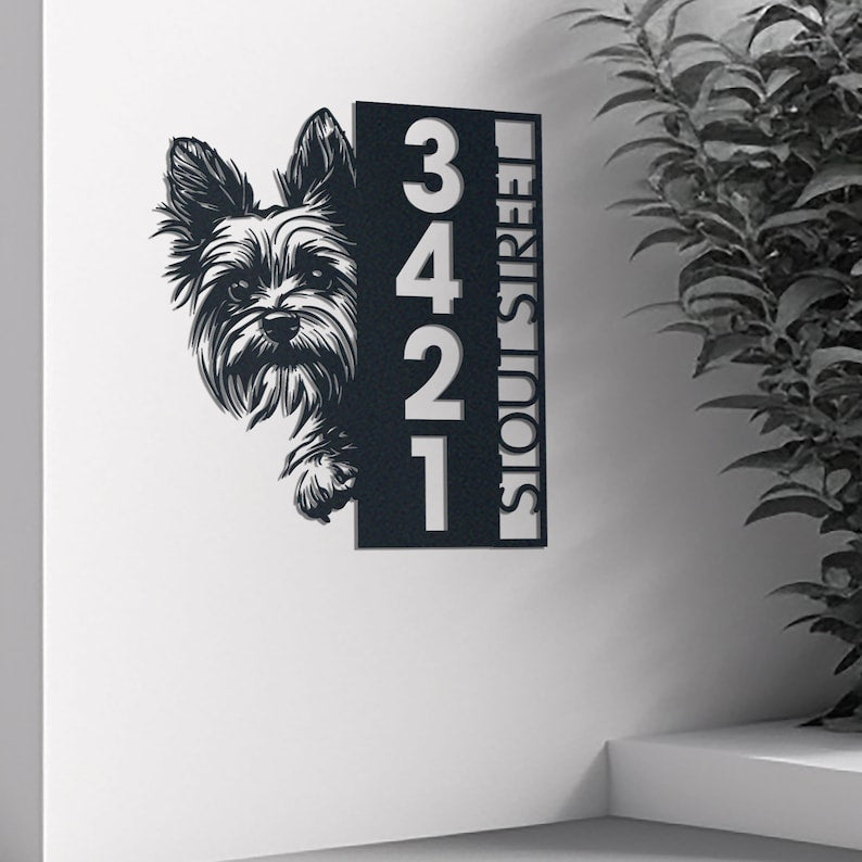 Metal Address Sign, Yorkie Sign, Vertical House Number Plaque for Outdoor Use