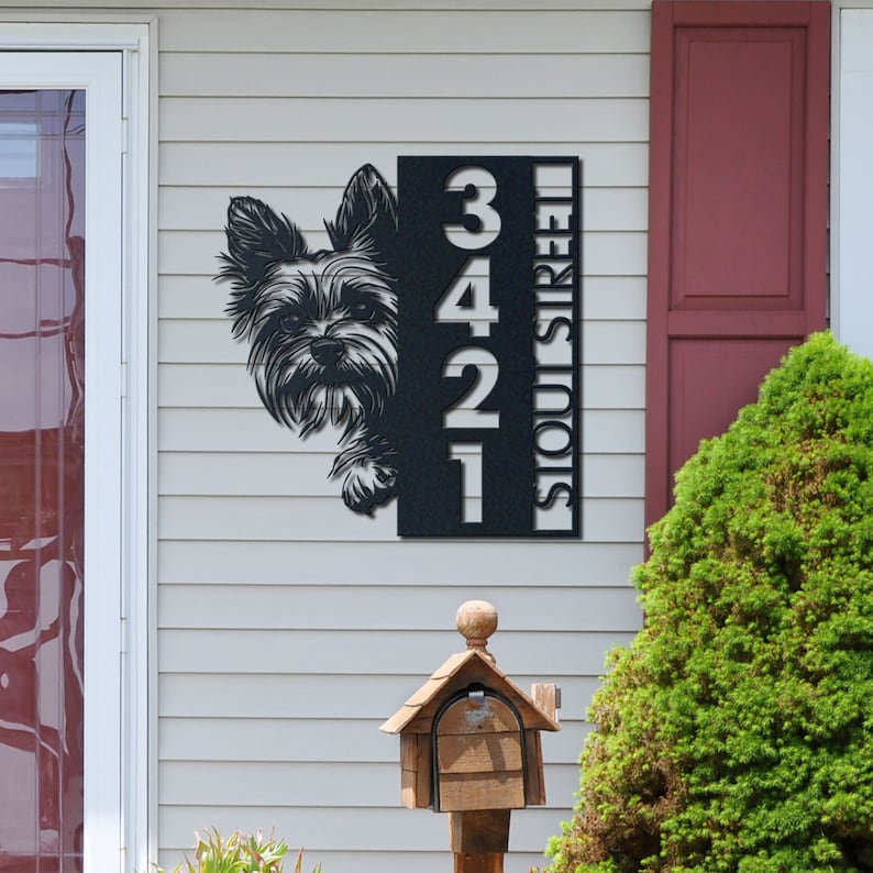 Metal Address Sign, Yorkie Sign, Vertical House Number Plaque for Outdoor Use