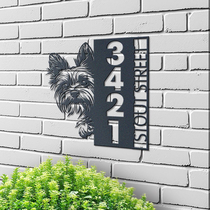 Metal Address Sign, Yorkie Sign, Vertical House Number Plaque for Outdoor Use