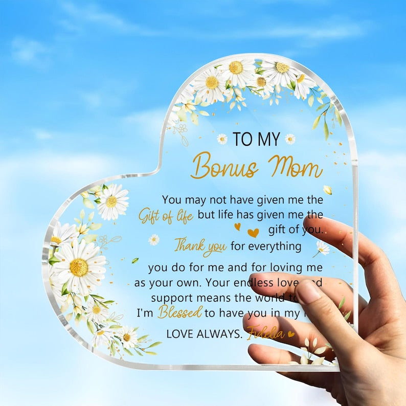 Personalized Stepmother Gift From Daughter, To My Bonus Mom Heart Acrylic Plaque, Mothers Day Gift, Gift For Step Mom, Gifts For Stepmom