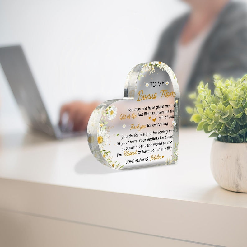 Personalized Stepmother Gift From Daughter, To My Bonus Mom Heart Acrylic Plaque, Mothers Day Gift, Gift For Step Mom, Gifts For Stepmom