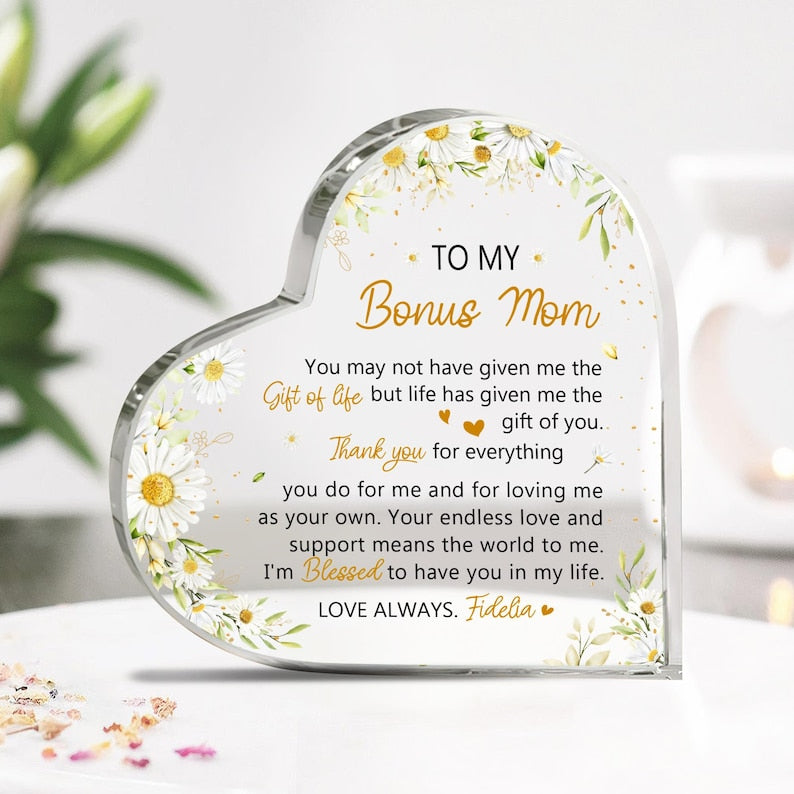 Personalized Stepmother Gift From Daughter, To My Bonus Mom Heart Acrylic Plaque, Mothers Day Gift, Gift For Step Mom, Gifts For Stepmom