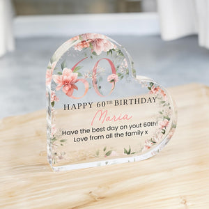 Personalised Happy 60th Birthday Gift Plaque, Floral Birthday Gift For Her, Heart Plaque, 60th Birthday Gifts, Pink 60th Gift, Gifts for Her
