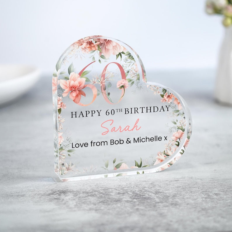 Personalised Happy 60th Birthday Gift Plaque, Floral Birthday Gift For Her, Heart Plaque, 60th Birthday Gifts, Pink 60th Gift, Gifts for Her